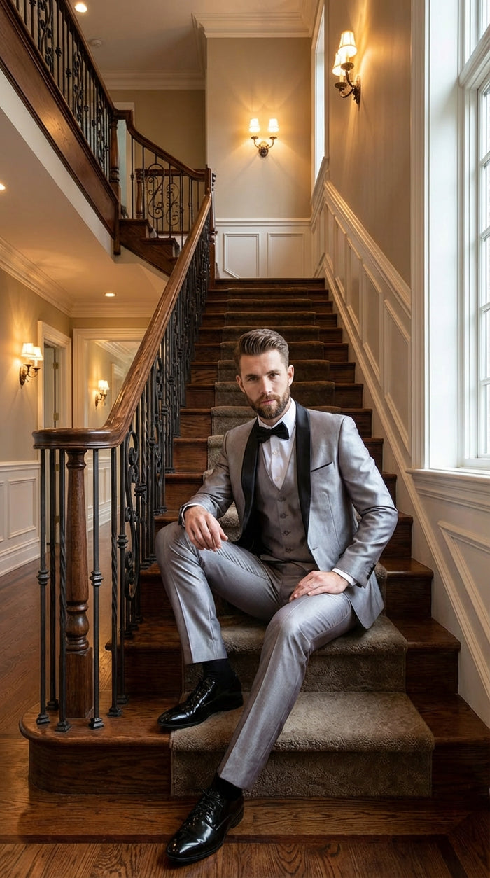  Silver Shiny Tuxedo 3 Piece Suit with Black Shawl Lapel