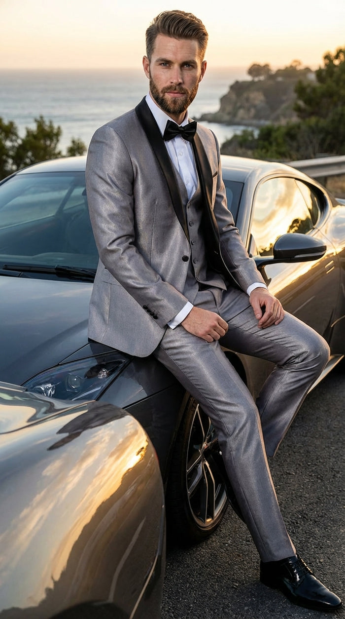 Silver Shiny Tuxedo 3 Piece Suit with Black Shawl Lapel