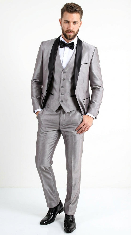  Silver Shiny Tuxedo 3 Piece Suit with Black Shawl Lapel