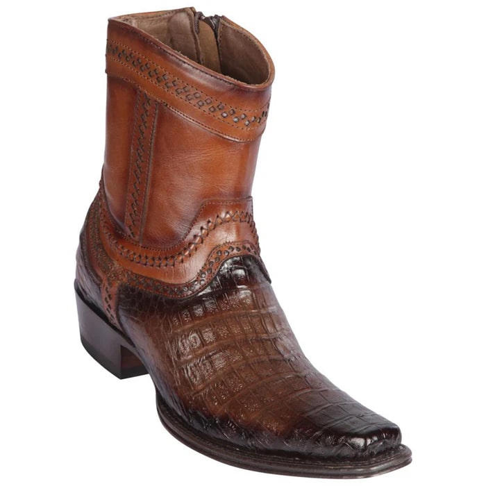 Men's Caiman Belly Cowboy Boots: Brown Leather Square Toe Dress Boots