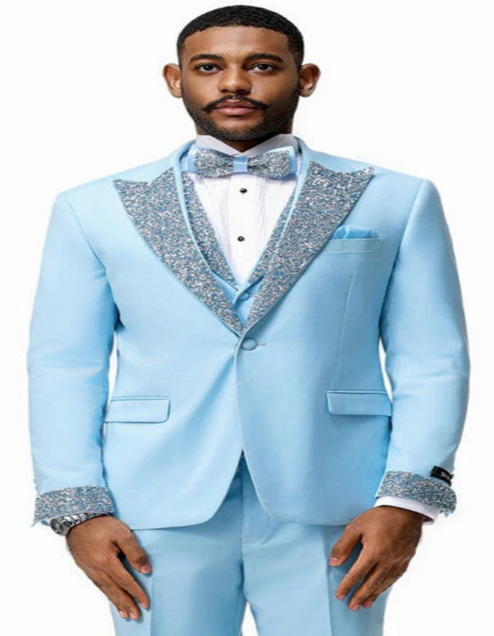 Sky Blue Prom Tuxedo - Perfect Wedding Suit Vested Rhinestone sequin Lapelled