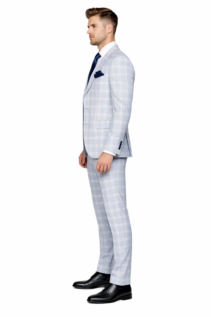 Rossiman Crest Sky Blue Checkered 3-Piece Luxe Suit