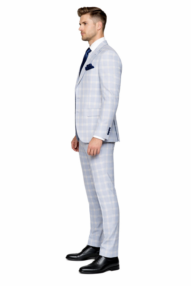 Rossiman Crest Sky Blue Checkered 3-Piece Luxe Suit