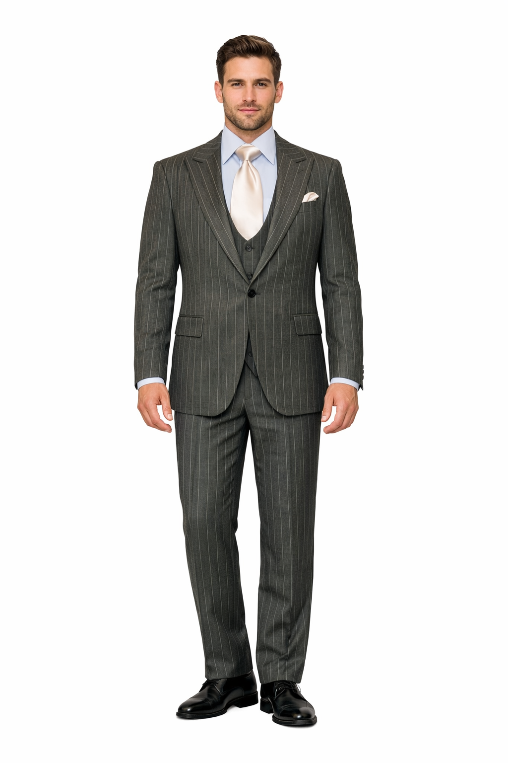 Slate Meridian Grey Pinstripe 3-Piece Signature Suit by Rossiman ...