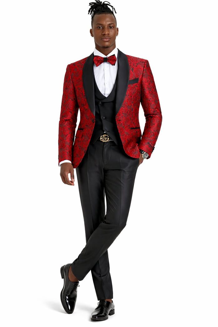 Men's One Button Slim Fit Shiny Paisely Floral Vested  Prom 2026 Tuxedo In Red