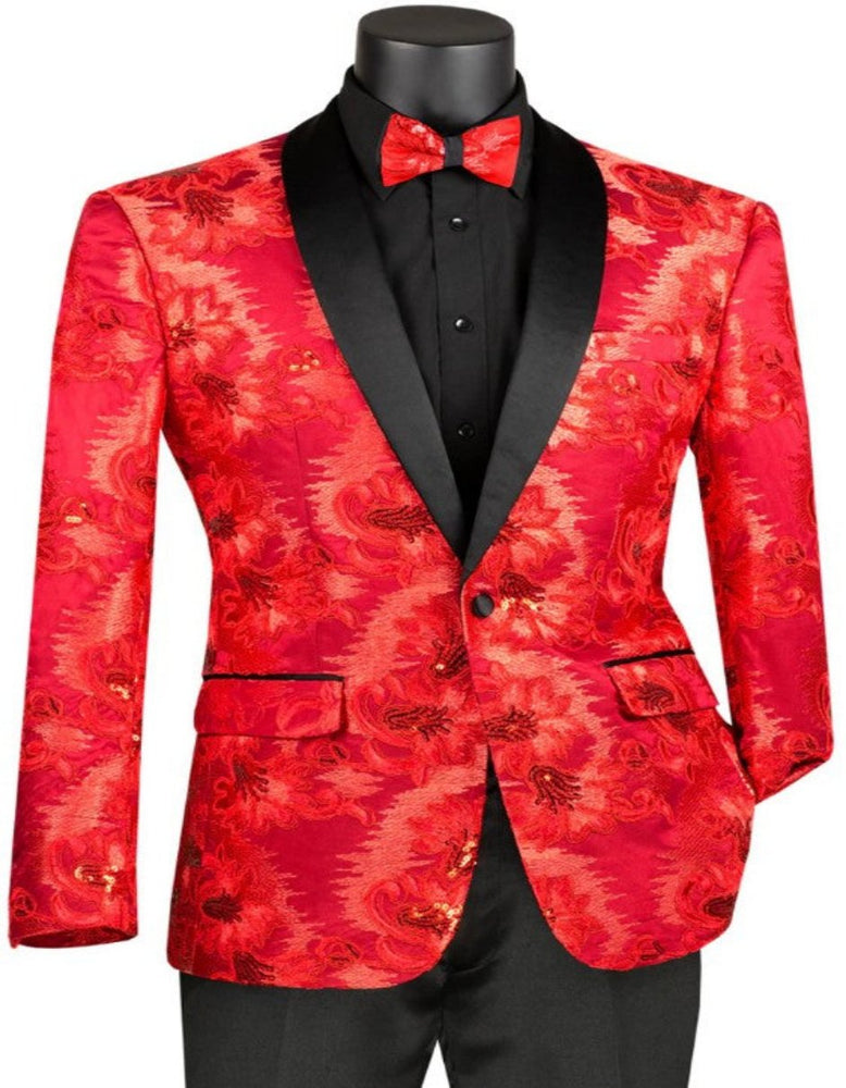 Mens Slim Fit Shiny Floral Mathcing Bowtie Sequin Prom 2025 Tuxedo Dinner Jacket in Red