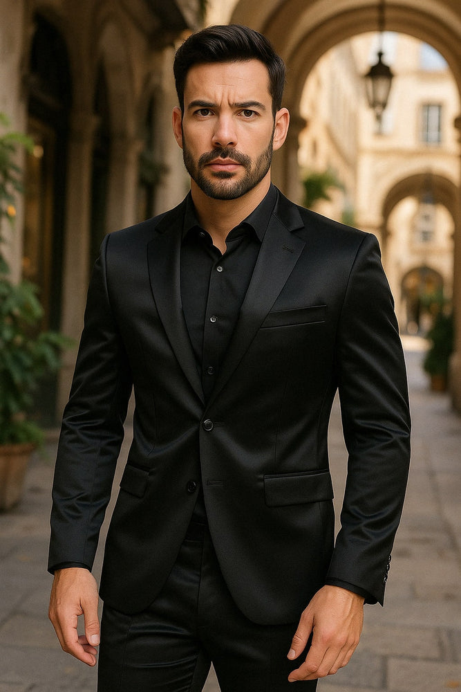 Black-Satin-Flex-Two-Piece-Suits