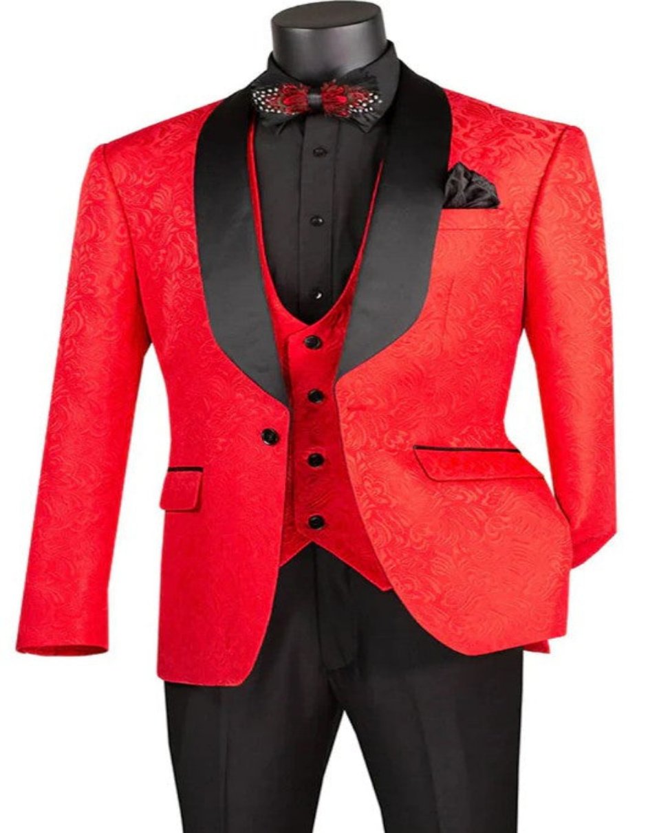 Mens Double Breasted Vested Tonal Paisley Wedding and Prom Tuxedo in Red main image 1