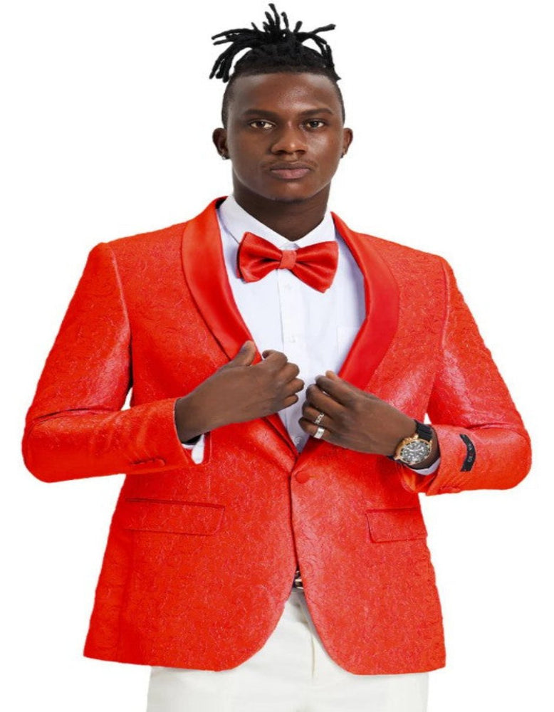 Mens Slim Fit Side Vent Wedding and Prom 2025 Tonal Paisley Tuxedo Jacket in Red