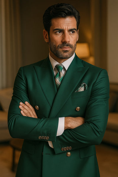 dark-green-double-breasted-men's-suit-front-view