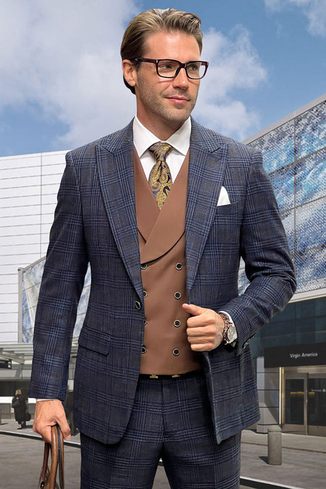 Men's Designer Wool Vested Suit in Midnight Blue Glenplaid