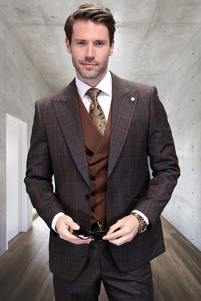 Men's One Button Peak Lapel Wool Vested Suit in Charcoal Grey Windowpane Plaid