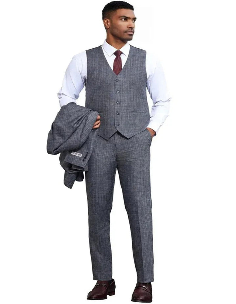 Men's Stacy Adams Vested Sharkskin Weave Pattern Grey Suit