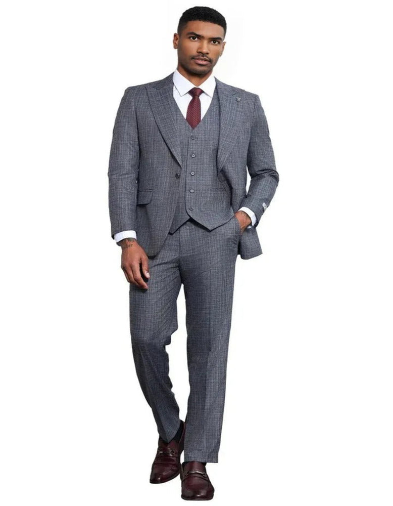 Men's Stacy Adams Vested Sharkskin Weave Pattern Grey Suit