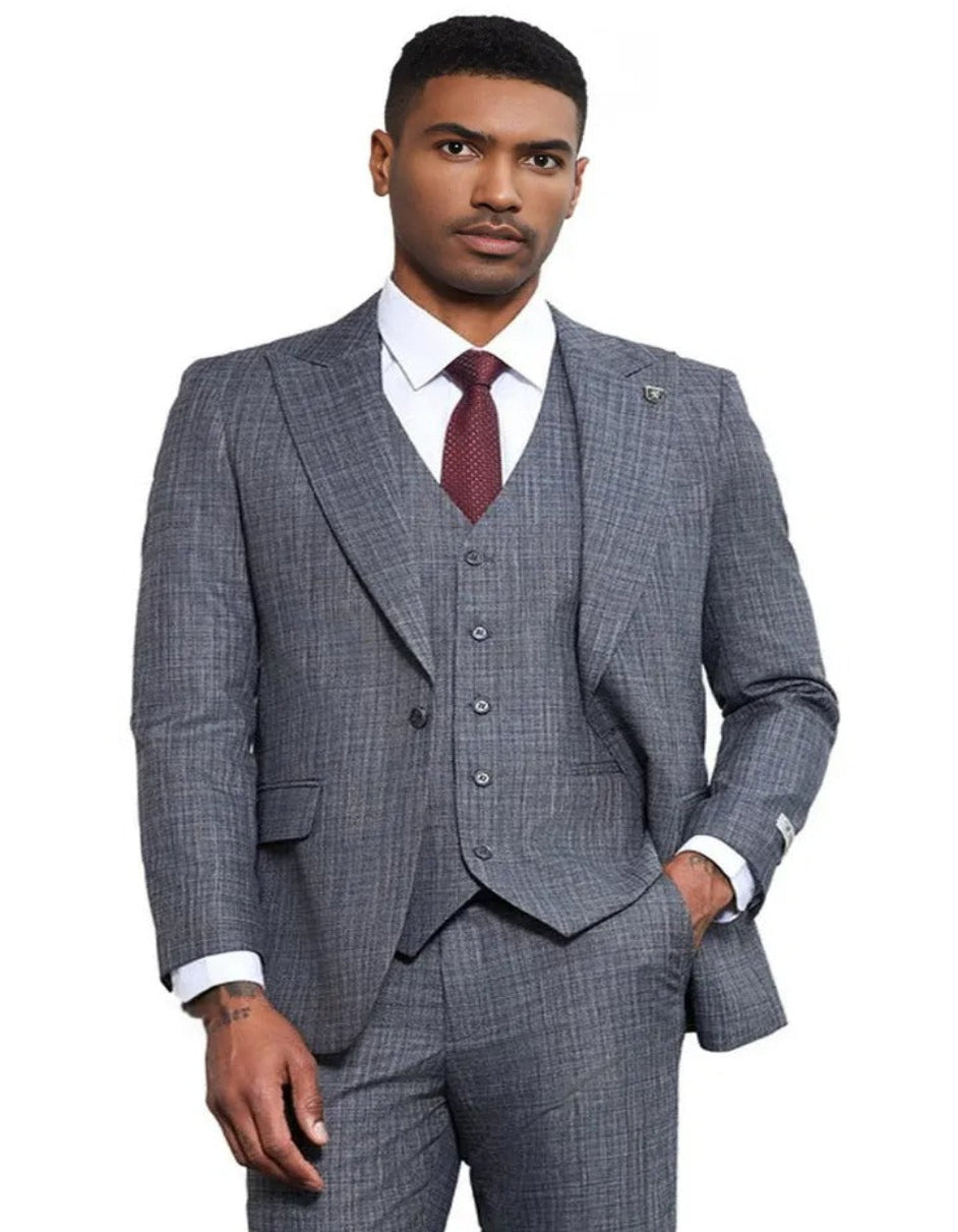 Men's Designer Stacy Adams Vested Suit in Light Grey Sharkskin Weave