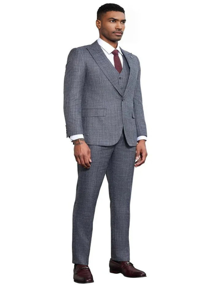 Men's Stacy Adams Vested Sharkskin Weave Pattern Grey Suit