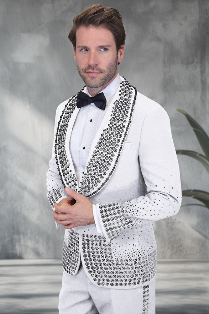 Men's Designer Black Flower Rhinestone Studded Prom & Wedding Tuxedo in White