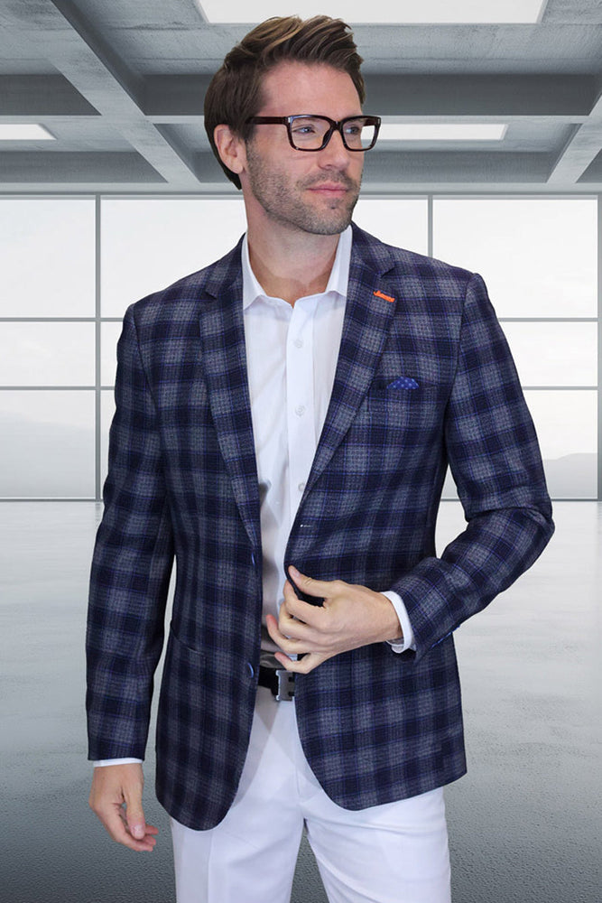 Men's Modern Fit Patch Pocket Designer Wool Summer Blazer in Grey Plaid Check