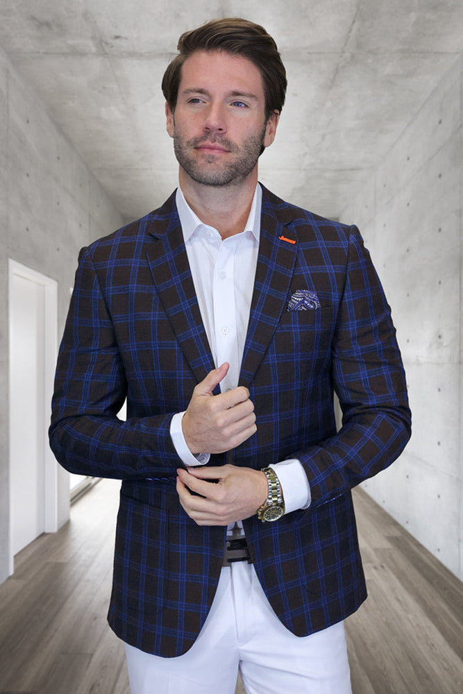 Men's Modern Fit Patch Pocket Designer Wool Summer Blazer in Brown Plaid