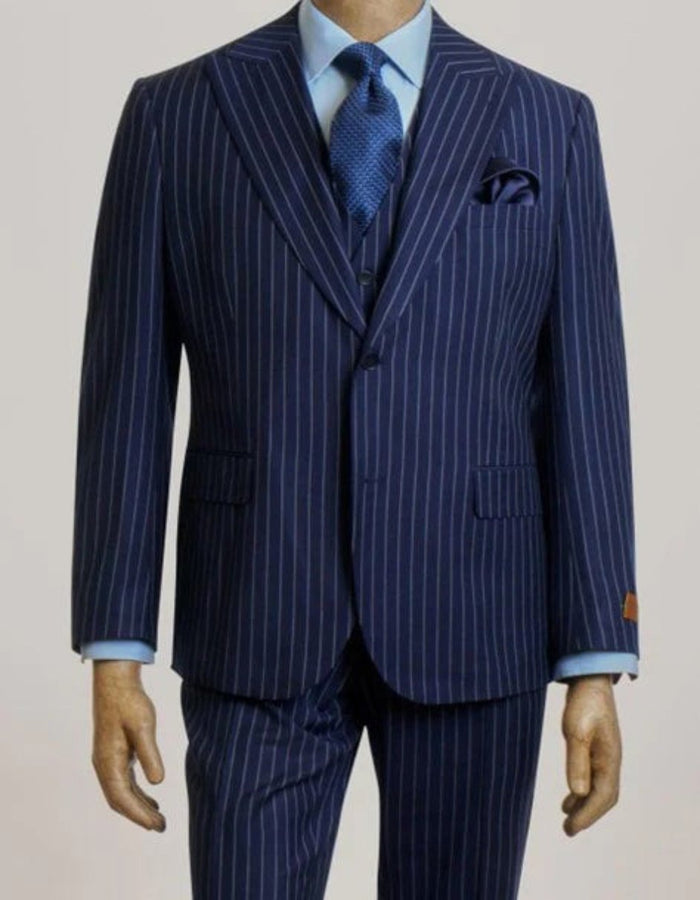 Steve Harvey Suits - Navy Pinstripe Suit - Designer Brand Suit No Pleated Pants Modern Fit