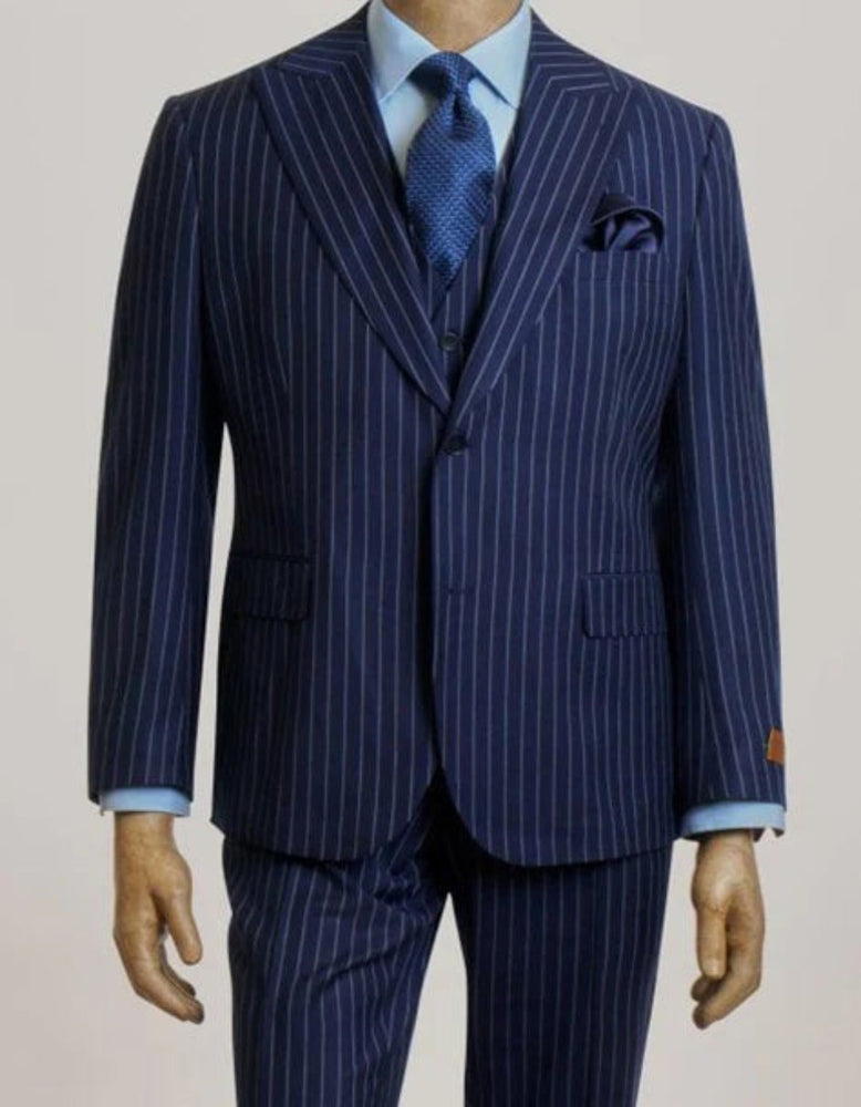 Steve Harvey Suits - Navy Pinstripe Suit - Designer Brand Suit No Pleated Pants Modern Fit