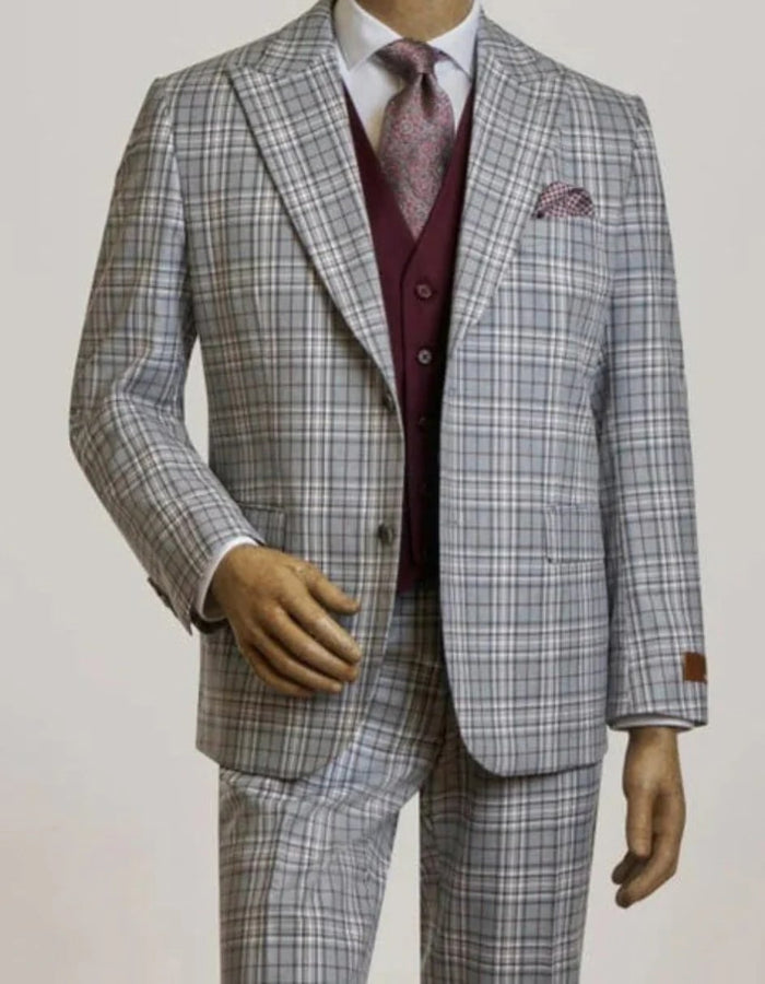 Mens Peak Lapel Modern Fit - No Pleated Pants Designer Brand Gray 3 Piece Vested Suit