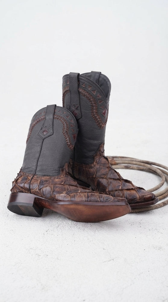 Men’s Brown Fish Skin Cowboy Boots, Exotic Western Dress Boots in Café Brown