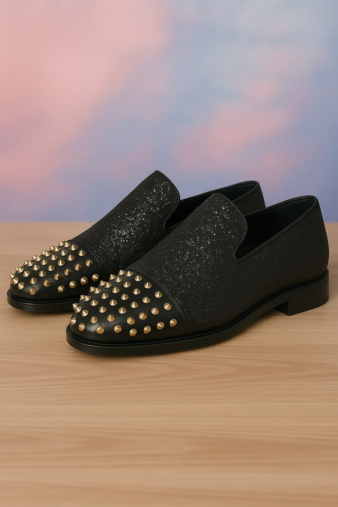 Men's Black Glitter Loafers with Spike Studded Toe – Designer Slip-On Dress Shoes for Parties and Events