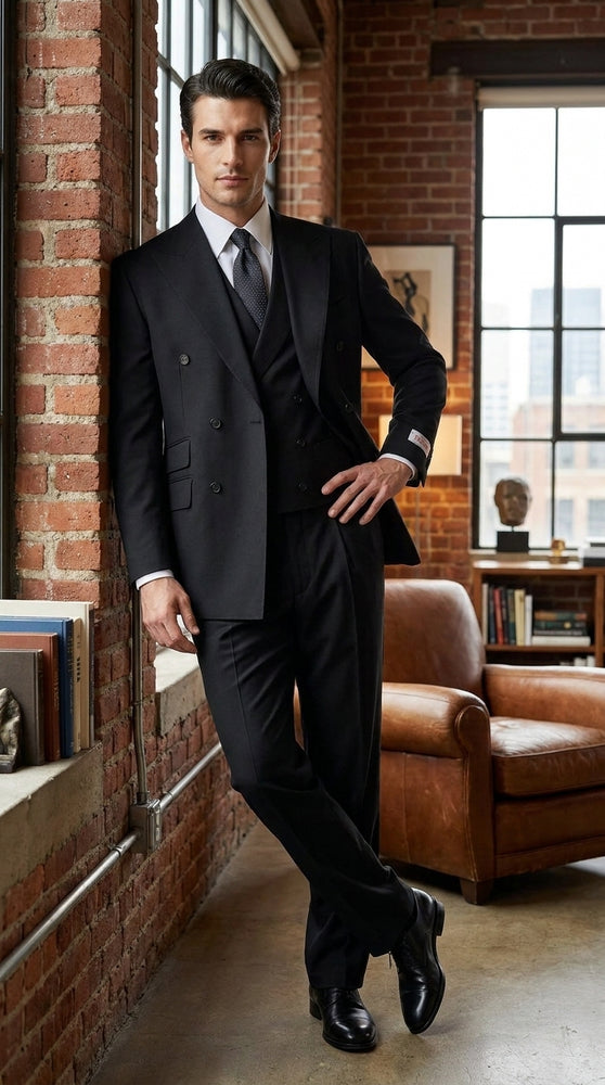 Tiglio Men’s Black Double Breasted Wool Suit, Super 150s Italian Fabric Wide Leg Vested Suit