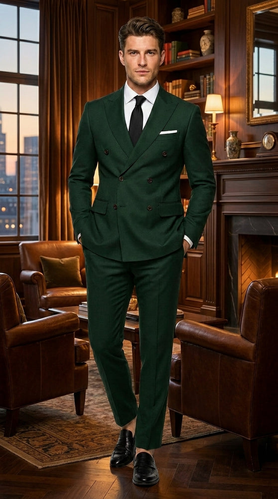 Men’s Olive Green Double Breasted Suit with Gold Buttons, Designer Wool Formal Wedding Business Suit Set
