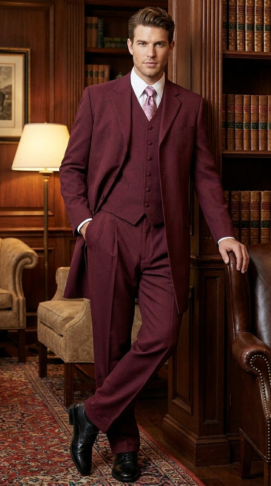 Men’s Burgundy Maroon Zoot Suit with 38 Inch Long Jacket, Wine Color 3 Piece Fashion Suit