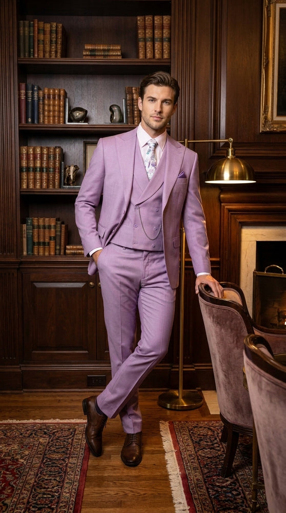 Men’s Lavender Modern Fit 3 Piece Suit, Lapel Vest Wedding Prom Formal Suit with Adjustable Pants