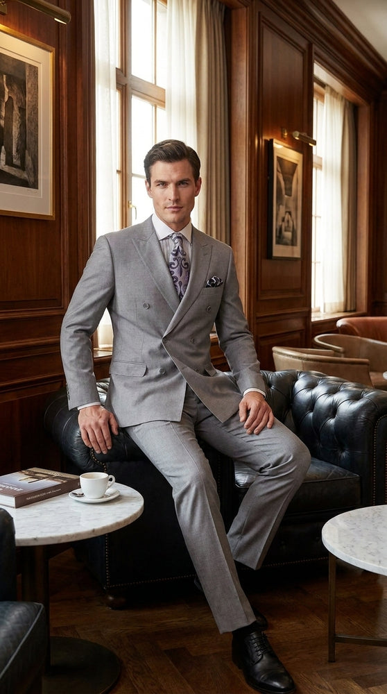 Apollo King Men’s Grey Double Breasted 2 Piece Suit, Pleated Pants Formal Wedding Business Suit Set