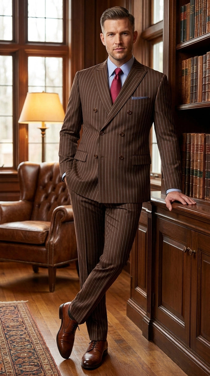 Rockefeller Collection Men’s Brown Double Breasted Pinstripe Suit, Regular Fit 2 Piece Formal Business Suit Set
