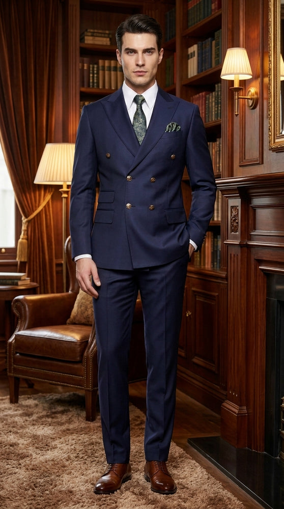 Men’s Navy Blue Double Breasted Suit, Slim Fitted Cut Formal Business Wedding Suit with Flat Front Pants