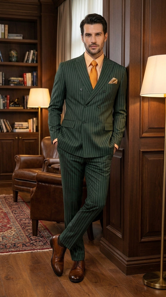 Rockefeller Collection Men’s Hunter Green Double Breasted Pinstripe Suit, Regular Fit 2 Piece Formal Business Suit Set
