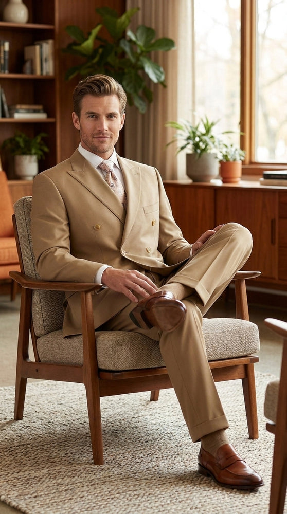 Men’s Khaki Bronze Camel Double-Breasted Suit – Classic Pleated Pants Wedding, Business and Formal Suit