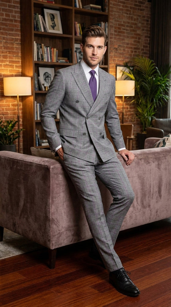 Men’s Grey Glen Plaid Double Breasted Suit, Classic Wool Feel Formal Wedding Business Suit