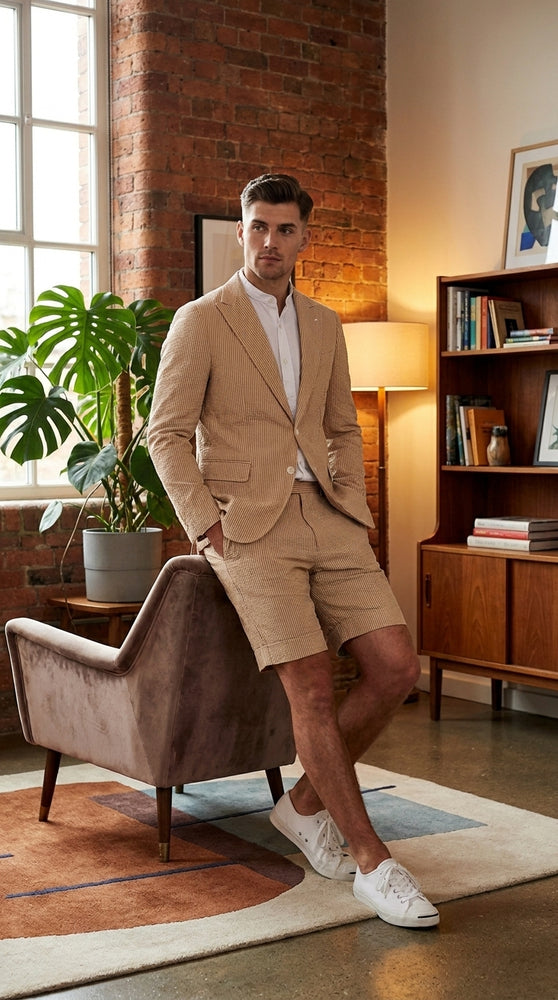Men’s Camel Short Pants Suit Set, Peak Lapel Summer Business Sport Coat and Shorts Outfit