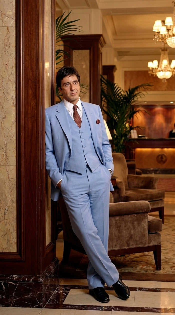 Men’s Steel Blue 3-Piece Suit – Tony Montana Scarface-Inspired Vested Wedding and Party Suit
