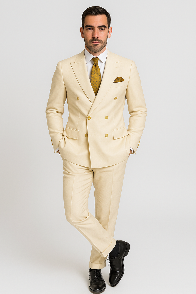 Off White - Ivory - Cream Color White Double Breasted Stylish Peaked Lapel Men Suits