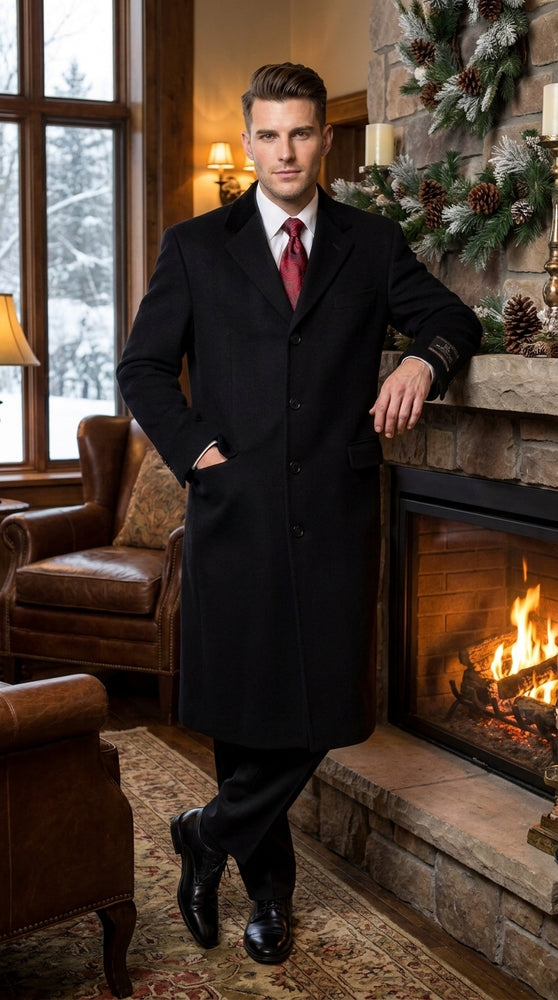 Men’s Black Chesterfield Full Length Wool and Cashmere Overcoat, Formal Winter Dress Coat