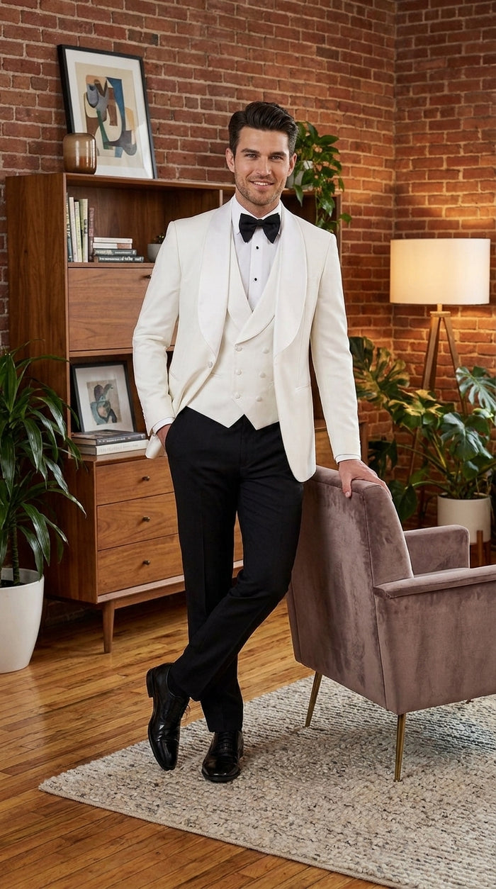 Men’s White 3-Piece Tuxedo Suit – Wide Shawl Lapel Wedding, Prom and Formal Suit