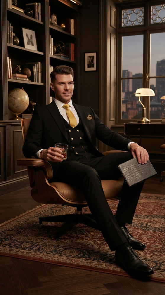 Men’s Black Slim-Fit 3-Piece Suit with Gold Buttons – Double-Breasted Vest Wedding and Formal Suit