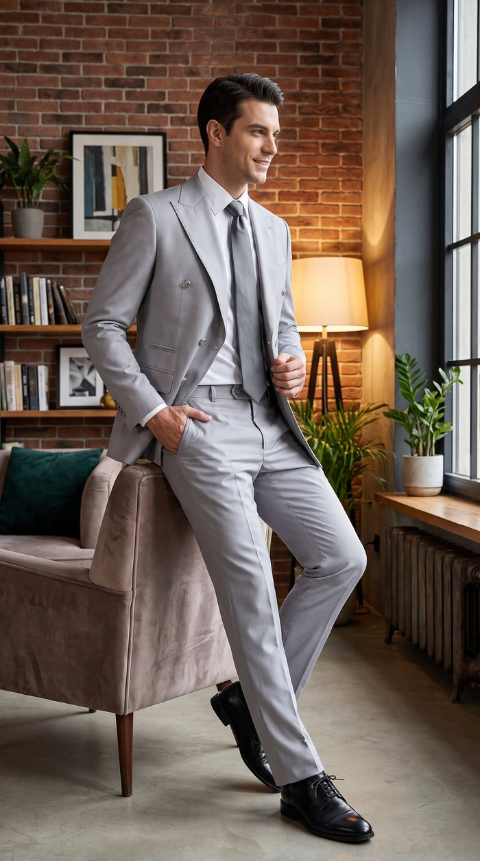 Rossi Man Men’s Silver Double-Breasted Suit – Modern Fit Wedding, Prom and Formal 2-Piece Suit