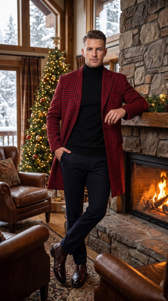 Men’s Red and Black Plaid Peacoat – Wool-Blend Houndstooth Winter Overcoat
