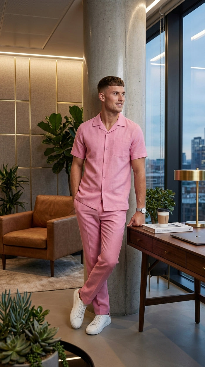 Men’s Lilac Pink Linen Walking Suit with Short Sleeve Shirt and Matching Pants, Summer Casual Outfit