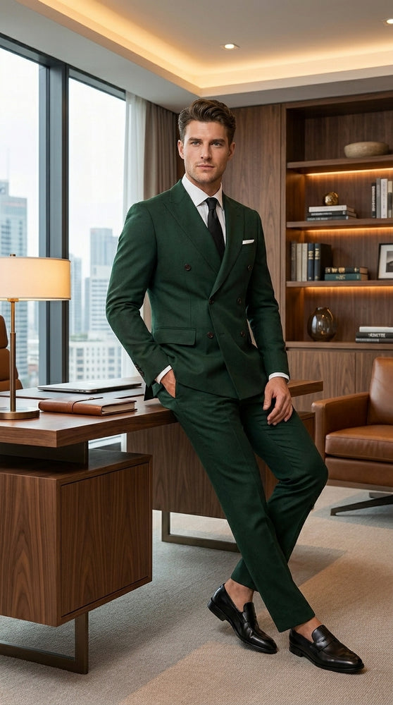 Men’s Olive Green Double Breasted Suit with Gold Buttons, Designer Wool Formal Wedding Business Suit Set