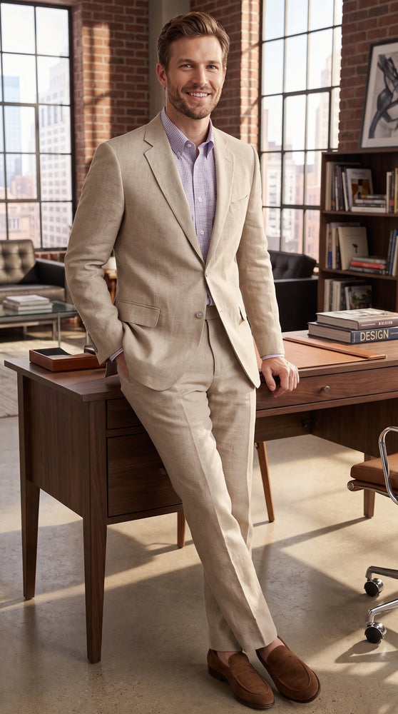 Men’s Beige Natural Big and Tall Linen Suit, Summer Wedding and Business Dress Suit