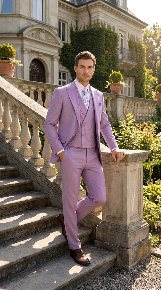 Men’s Lavender Modern Fit 3 Piece Suit, Lapel Vest Wedding Prom Formal Suit with Adjustable Pants